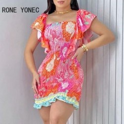Szín: MULTI M - Női Elegáns Allover Print A Line V nyakú, rövid fodros ujjú, redőzött fodros szegélyű mini Bodycon
