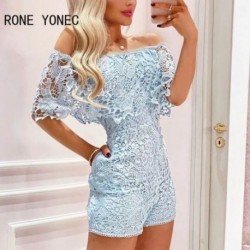 Szín: égszínkék L - Női szexi szolid vállból ferde gallér, csipke zseb, Bodycon szexi nadrág
