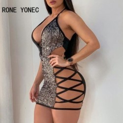Szín: MULTI XL - Női tömör szexi kötőfék flitterek hálós patchwork Criss Cross Deep V nyakú Bodycon mini szexi parti