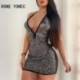 Szín: MULTI XL - Női tömör szexi kötőfék flitterek hálós patchwork Criss Cross Deep V nyakú Bodycon mini szexi parti