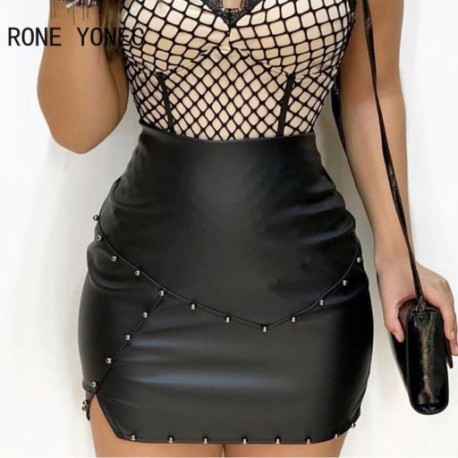 Szín: fekete S - Női Chic Solid Rivet kis silt PU bőr Bright Line Decoration Bodycon Fekete szoknya