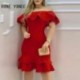 Szín: piros L - Női szilárd vállról lépcsőzetes fodrok Bodycon Midi szexi formális piros ruha