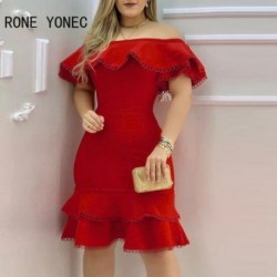 Szín: piros L - Női szilárd vállról lépcsőzetes fodrok Bodycon Midi szexi formális piros ruha