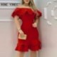 Szín: piros L - Női szilárd vállról lépcsőzetes fodrok Bodycon Midi szexi formális piros ruha