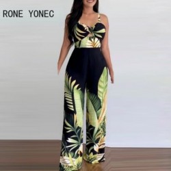 Szín: MULTI M - Női Elegáns Szexi Cami Crop Top Hollow Out Leaf Mintás Szexi Working Jumpsuit