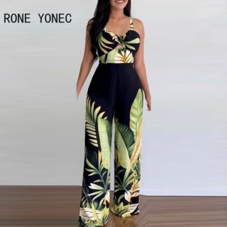 Szín: MULTI M - Női Elegáns Szexi Cami Crop Top Hollow Out Leaf Mintás Szexi Working Jumpsuit