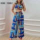 Szín: MULTI XL - Női Elegáns Geo Print Tank Crop Top All Over Print Fodor Hem Fűzős Elasztikus derék alkalmi nadrág