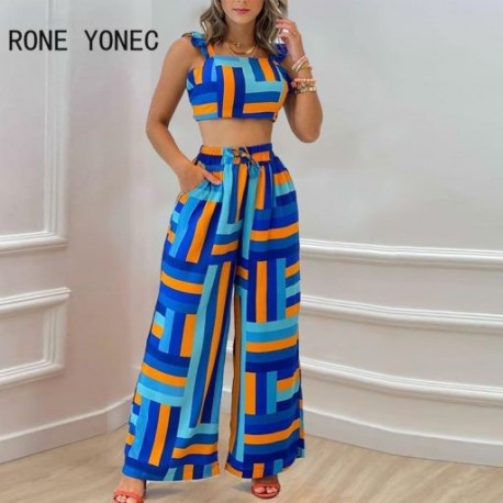 Szín: MULTI XL - Női Elegáns Geo Print Tank Crop Top All Over Print Fodor Hem Fűzős Elasztikus derék alkalmi nadrág