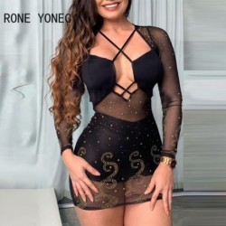 Szín: MULTI M - Női tömör szexi, aszimmetrikus nyakú, fűzős, vájt strasszos hosszú ujjú Bodycon mini szexi partiruhák