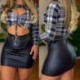 Szín: MULTI XL - Női szexi, elegáns, kockás mintás felsők üreges Pu bőr alsó láncdísz övvel nyári Bodycon mini
