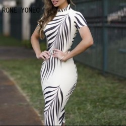 Szín: fehér L - Női elegáns, elegáns levélmintás kerek nyakú, rövid ujjú, Bodycon Midi dolgozó formális parti ruhák