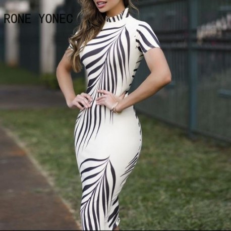 Szín: fehér L - Női elegáns, elegáns levélmintás kerek nyakú, rövid ujjú, Bodycon Midi dolgozó formális parti ruhák