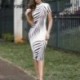 Szín: fehér L - Női elegáns, elegáns levélmintás kerek nyakú, rövid ujjú, Bodycon Midi dolgozó formális parti ruhák