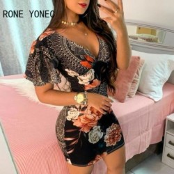 Szín: fekete L - Elegáns női ruha virágos pillangómintás fodros Bodycon ruha alkalmi mini ruha vakációs ruha 2021-re