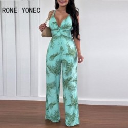 Szín: türkiz XL - 2023-as női ruhák, trópusi mintás, Crisscross, hát nélküli, széles lábú jumpsuitek