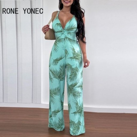 Szín: türkiz XL - 2023-as női ruhák, trópusi mintás, Crisscross, hát nélküli, széles lábú jumpsuitek