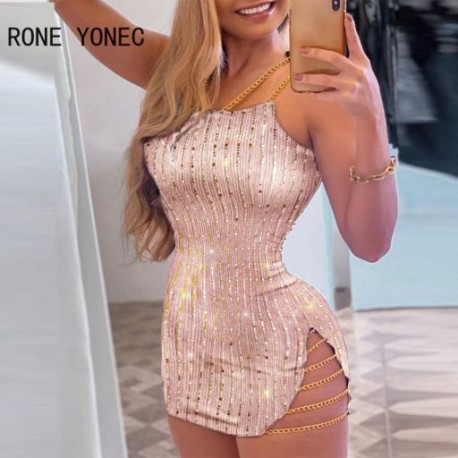Szín: rózsaszín L - Női elegáns flitterek spagetti láncpántok Multi Chain Deco ujjatlan szexi mini Bodycon parti ruhák