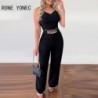 Szín: fekete XL - Női divat Elegáns Szilárd ujjatlan Crop Top láncdíszítés Egyenes nadrág szettek
