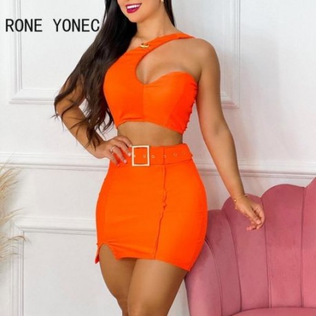 Szín: narancssárga M - Női elegáns, tömör váll övekkel Crop Top Small Silt Bodycon szexi szoknya szettek