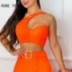 Szín: narancssárga M - Női elegáns, tömör váll övekkel Crop Top Small Silt Bodycon szexi szoknya szettek