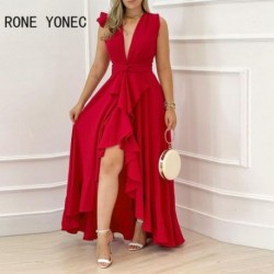 Szín: piros L - Női Solid Elegáns, mély V nyakú, kis repülő ujjú Silt Backless Maxi Bodycon Szexi buli piros ruha