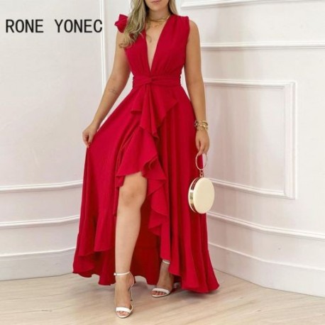 Szín: piros L - Női Solid Elegáns, mély V nyakú, kis repülő ujjú Silt Backless Maxi Bodycon Szexi buli piros ruha