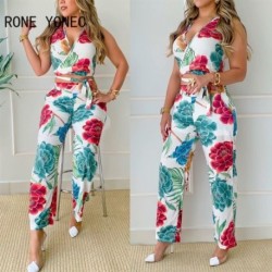 Szín: MULTI XL - Női Elegáns V nyakú Crop Top All Over Print Virágos hosszú, egyenes nadrágok Szexi nadrágszettek
