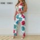 Szín: MULTI XL - Női Elegáns V nyakú Crop Top All Over Print Virágos hosszú, egyenes nadrágok Szexi nadrágszettek