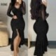 Szín: fekete L - Csillogó, elegáns csipke patchwork, mély V nyakú, hosszú ujjú, magas silt Maxi Mermaid Bodycon formális