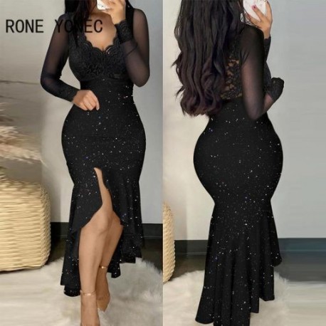 Szín: fekete L - Csillogó, elegáns csipke patchwork, mély V nyakú, hosszú ujjú, magas silt Maxi Mermaid Bodycon formális