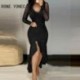 Szín: fekete L - Csillogó, elegáns csipke patchwork, mély V nyakú, hosszú ujjú, magas silt Maxi Mermaid Bodycon formális