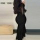 Szín: fekete L - Csillogó, elegáns csipke patchwork, mély V nyakú, hosszú ujjú, magas silt Maxi Mermaid Bodycon formális
