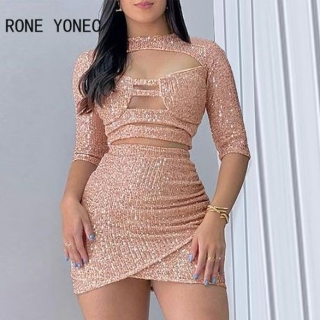 Szín: Pink XL - Elegáns, tömör, félhosszú ujjú női, vájt flitterek, rövid felsők és alsó Bodycon mini szexi szoknya