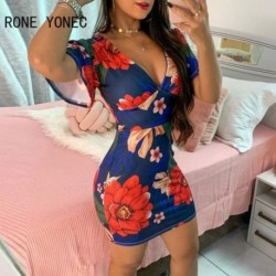 Szín: kék L - Női szexi, elegáns, mindenhol mintás virágmintás, V nyakú, rövid ujjú mini Bodycon szexi partiruhák