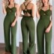 Szín: sötétzöld M - Női Solid Elegáns Szexi Cris Cross fűzős hátul Hollow Out Crop Top egyenes, rugalmas derékú