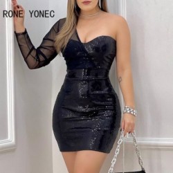 Szín: kék L - Női elegáns flitterek egy vállú, hosszú ujjú, szexi mini Bodycon partiruhák