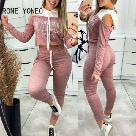Szín: Pink XL - Női alkalmi hosszú ujjú szalagos levél hideg váll sportos patchwork fényes nadrág szettek