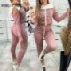 Szín: Pink XL - Női alkalmi hosszú ujjú szalagos levél hideg váll sportos patchwork fényes nadrág szettek