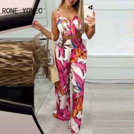 Szín: MULTI XL - Női elegáns spagetti pántos ehető fa gombás szárú felső minden, virágmintás hosszú, egyenes nadrág