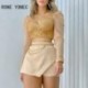 Szín: arany L - Női elegáns hosszú ujjú rövid felsők flitterek patchwork hálós láncdíszítés Bodycon mini szexi