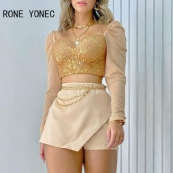 Szín: arany L - Női elegáns hosszú ujjú rövid felsők flitterek patchwork hálós láncdíszítés Bodycon mini szexi