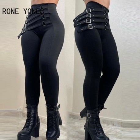 Szín: fekete XL - Női Elegáns Patchwork magas derekú Multi Bandage cipzáras nadrágok Skinny tavaszi és őszi fekete