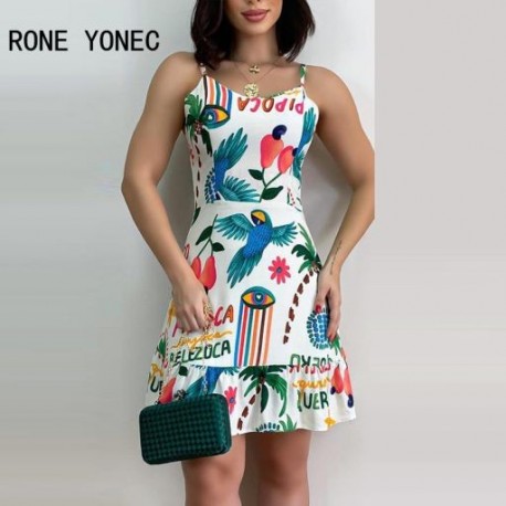 Szín: fehér M - Női Szexi Elegáns Spagetti Szíj Mindenhol Nyomtatott Fodros Hem Mini Bodycon Szexi buliruhák