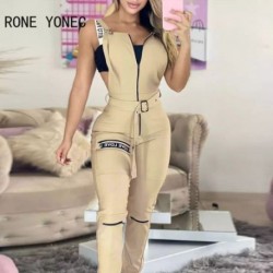 Szín: Khaki S - Női tömör, elegáns betűkkel díszített szárnyak cipzáras zseb Bodycon alkalmi overál