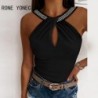 Szín: fekete S - Elegáns női szexi, tömör Criss Cross strasszos ujjatlan nyári Camis Crop felsők