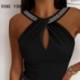 Szín: fekete S - Elegáns női szexi, tömör Criss Cross strasszos ujjatlan nyári Camis Crop felsők
