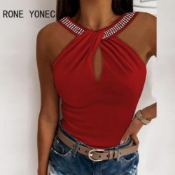 Szín: piros S - Elegáns női szexi, tömör Criss Cross strasszos ujjatlan nyári Camis Crop felsők