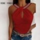 Szín: piros S - Elegáns női szexi, tömör Criss Cross strasszos ujjatlan nyári Camis Crop felsők