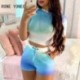 Szín: kék M - Női Colorblock Tie Dye Crop felső és fűzőlyukú rövidnadrág szett nyári vakációs öltöny