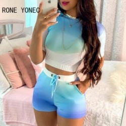 Szín: kék M - Női Colorblock Tie Dye Crop felső és fűzőlyukú rövidnadrág szett nyári vakációs öltöny